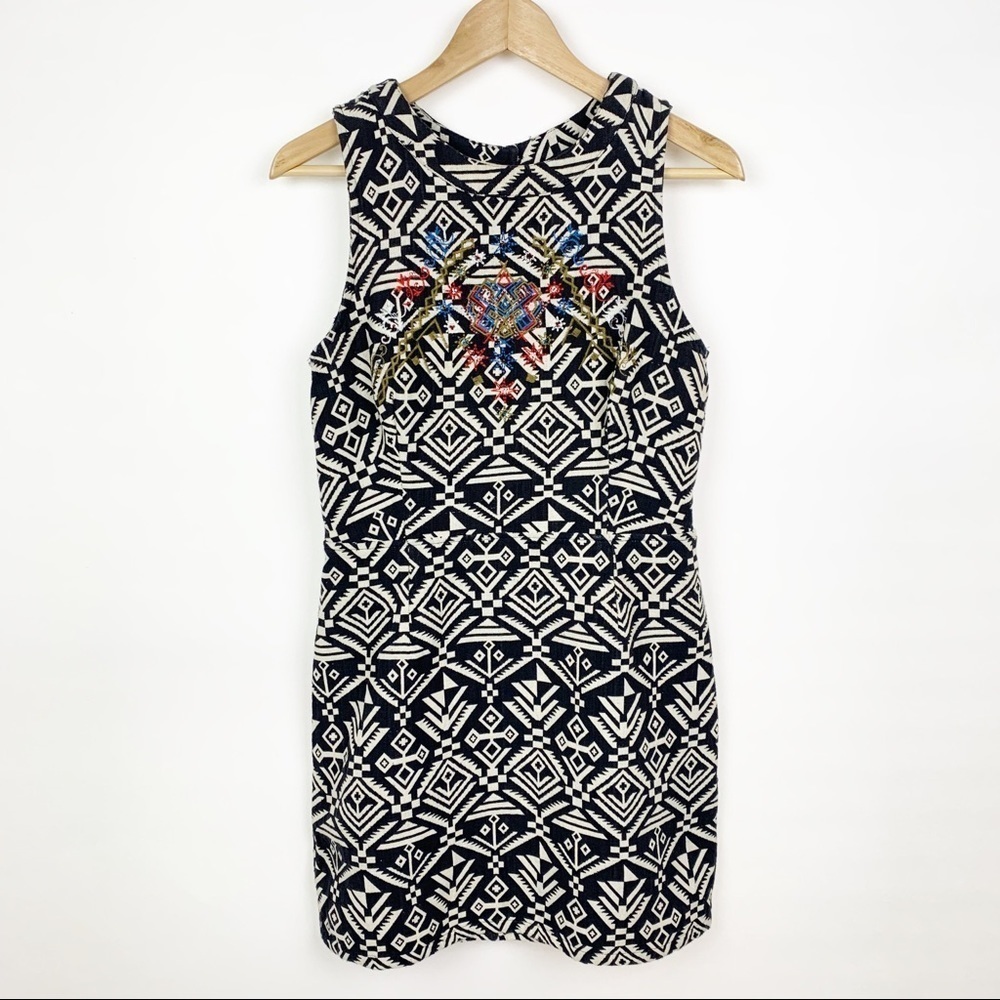 ASTR Aztec Print Black And Tan Open Back Dress
